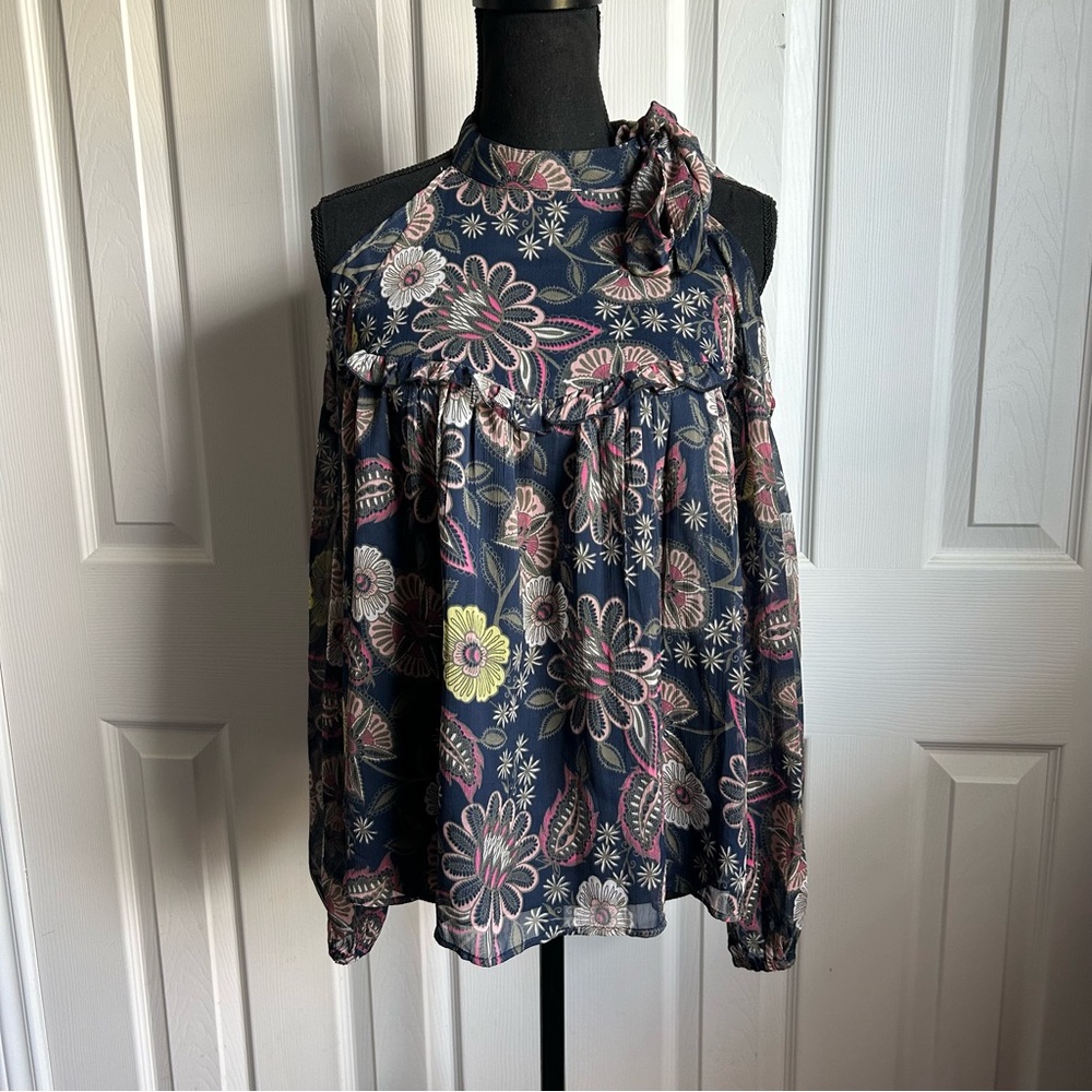 libby. edelman Navy Floral Cold-Shoulder Blouse with Neck Tie